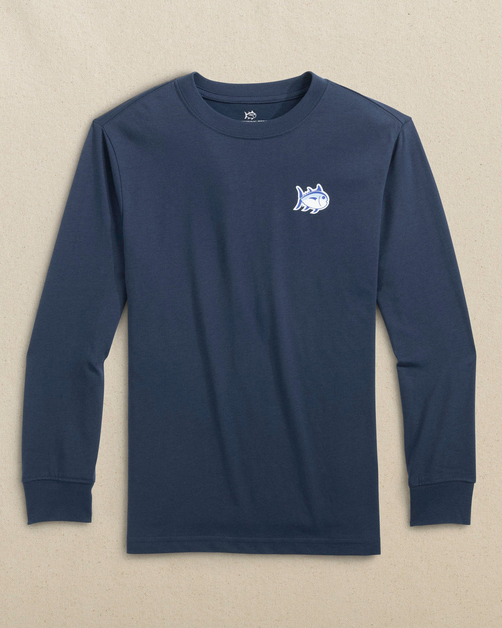 The front view of the Southern Tide Kids ST Stickers Long Sleeve T-Shirt by Southern Tide - Dress Blue