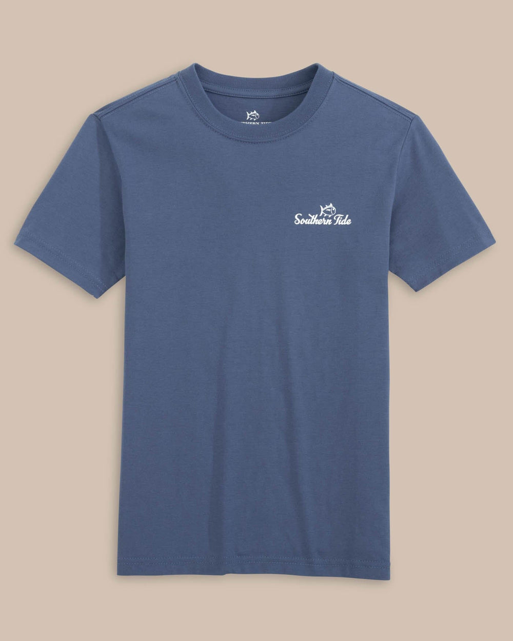 The front view of the Southern Tide Kids ST Sunset Defender T-Shirt by Southern Tide - Light Indigo