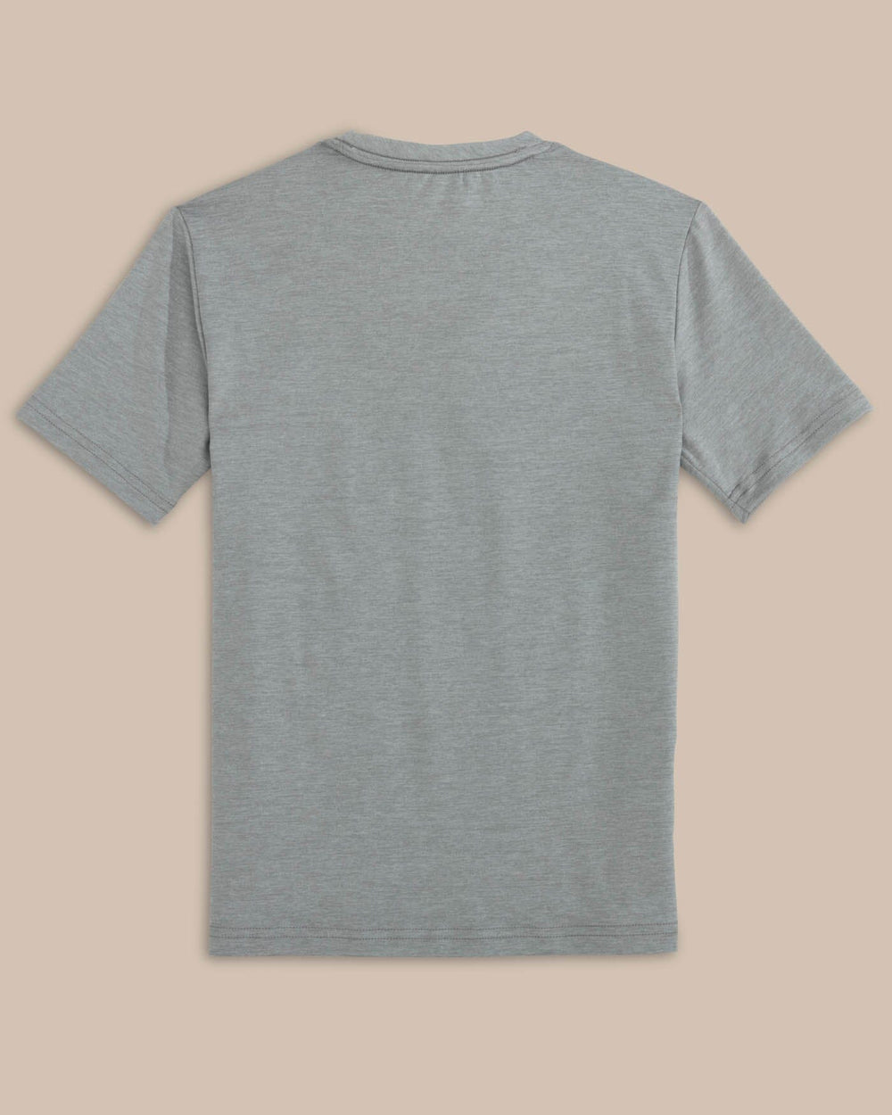 The back view of the Southern Tide Kids ST Tri Block Heather Short Sleeve Performance T-shirt by Southern Tide - Heather Platinum Grey