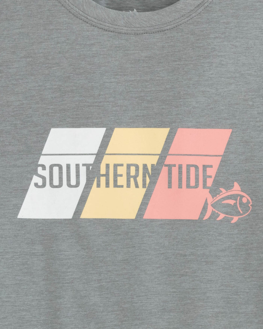 The detail view of the Southern Tide Kids ST Tri Block Heather Short Sleeve Performance T-shirt by Southern Tide - Heather Platinum Grey