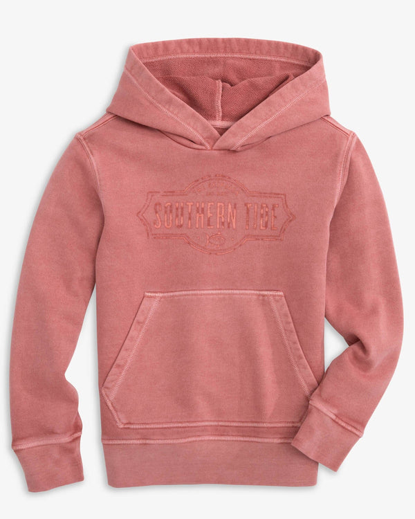 The front view of the Southern Tide Kids Sun Farer Upper Deck Long Sleeve Hoodie by Southern Tide - Dusty Coral