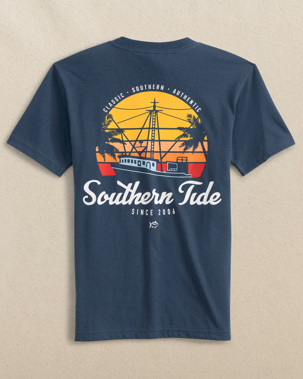 The back view of the Southern Tide Kids Sunsets and Ships Short Sleeve T-Shirt by Southern Tide - Aged Denim