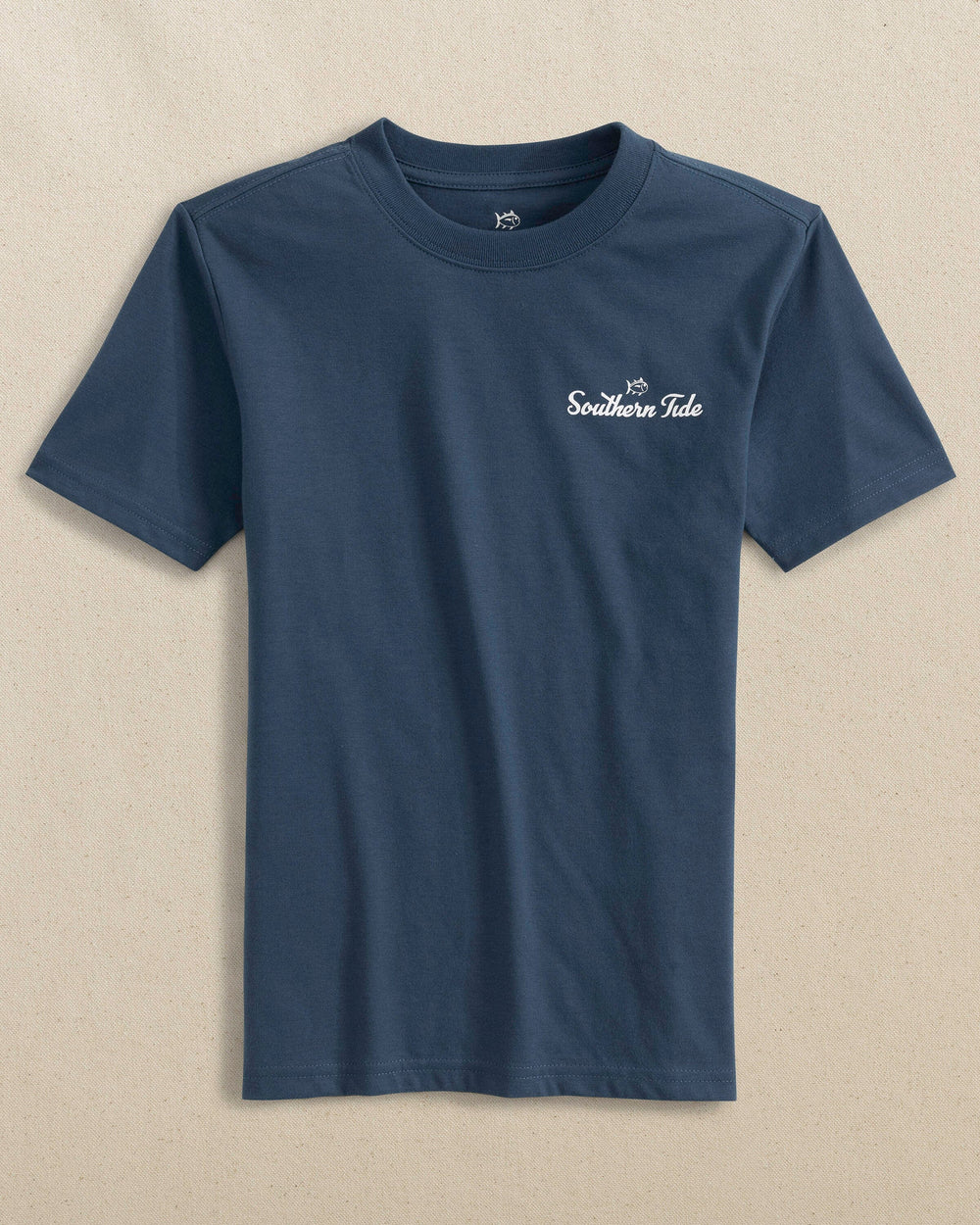 The front view of the Southern Tide Kids Sunsets and Ships Short Sleeve T-Shirt by Southern Tide - Aged Denim