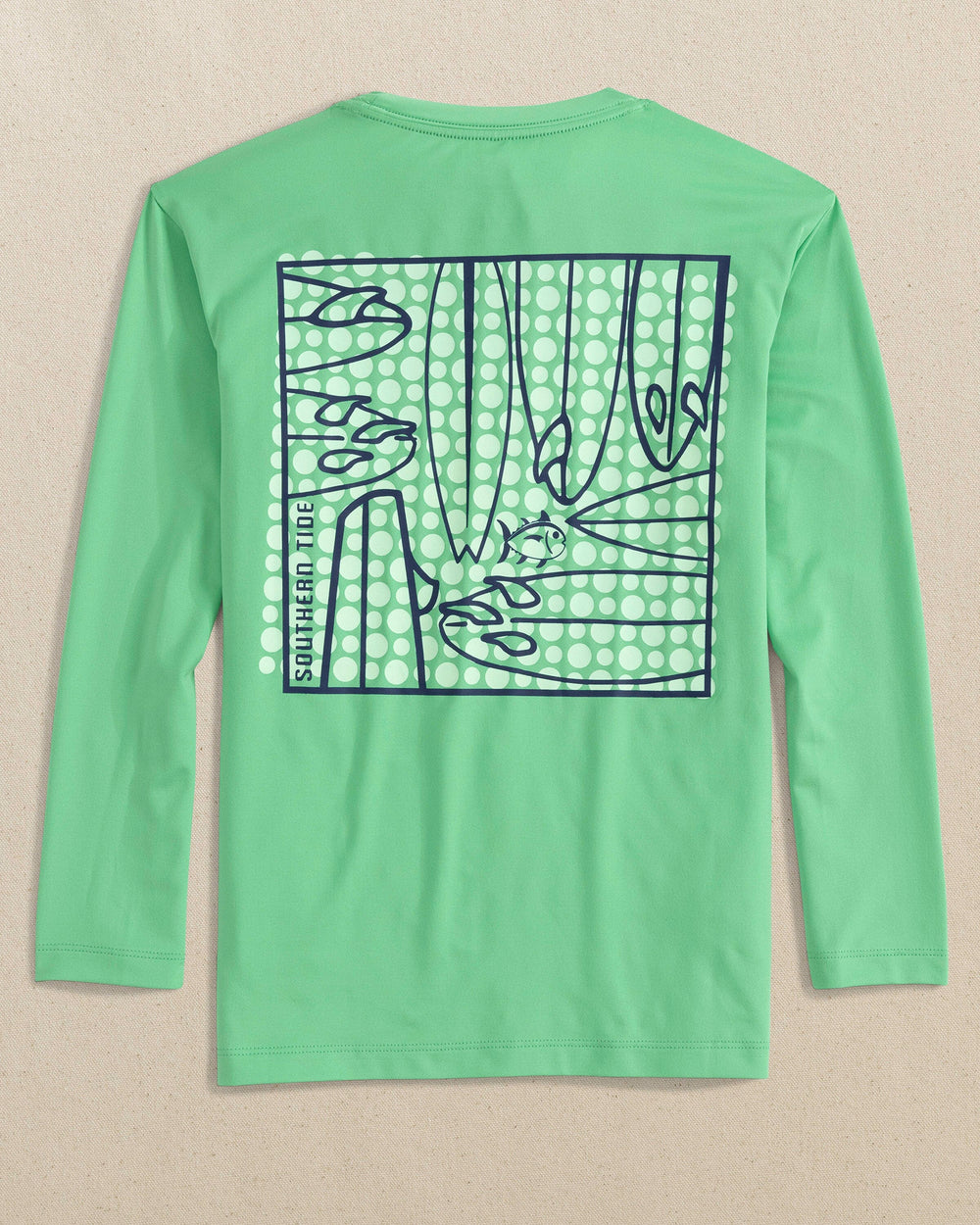 The back view of the Southern Tide Kids Surfing Fun Long Sleeve Performance T-Shirt by Southern Tide - Jade Green