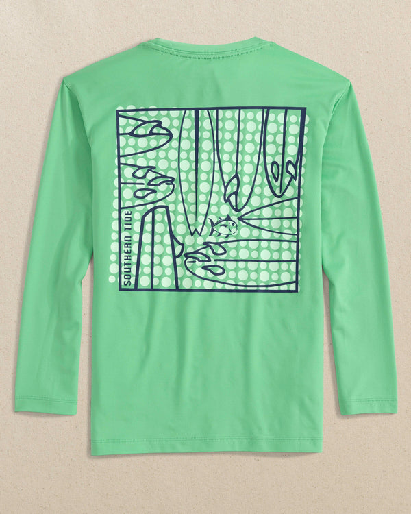 The back view of the Southern Tide Kids Surfing Fun Long Sleeve Performance T-Shirt by Southern Tide - Jade Green