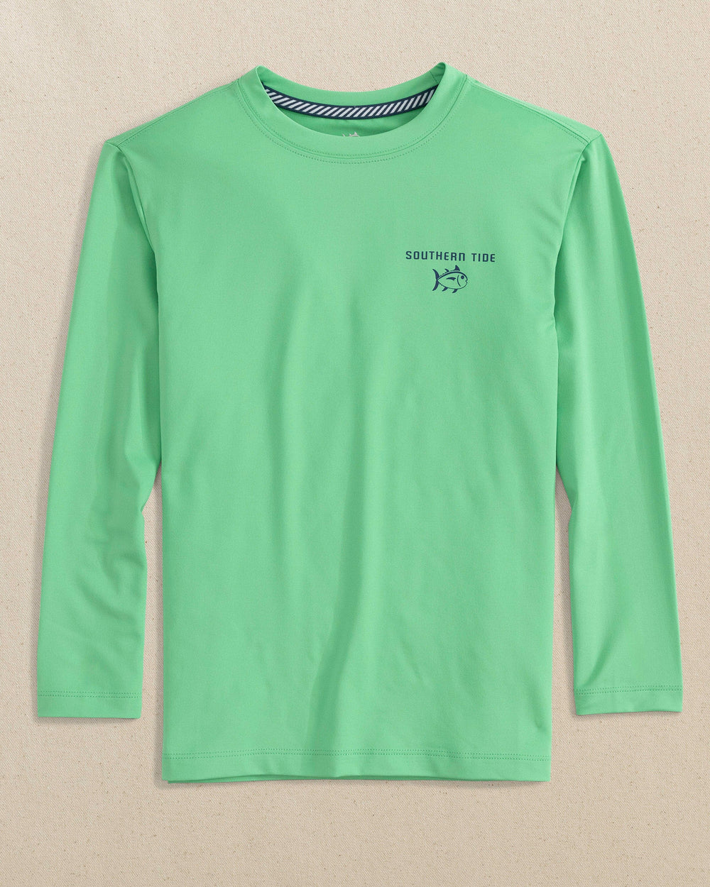 The front view of the Southern Tide Kids Surfing Fun Long Sleeve Performance T-Shirt by Southern Tide - Jade Green