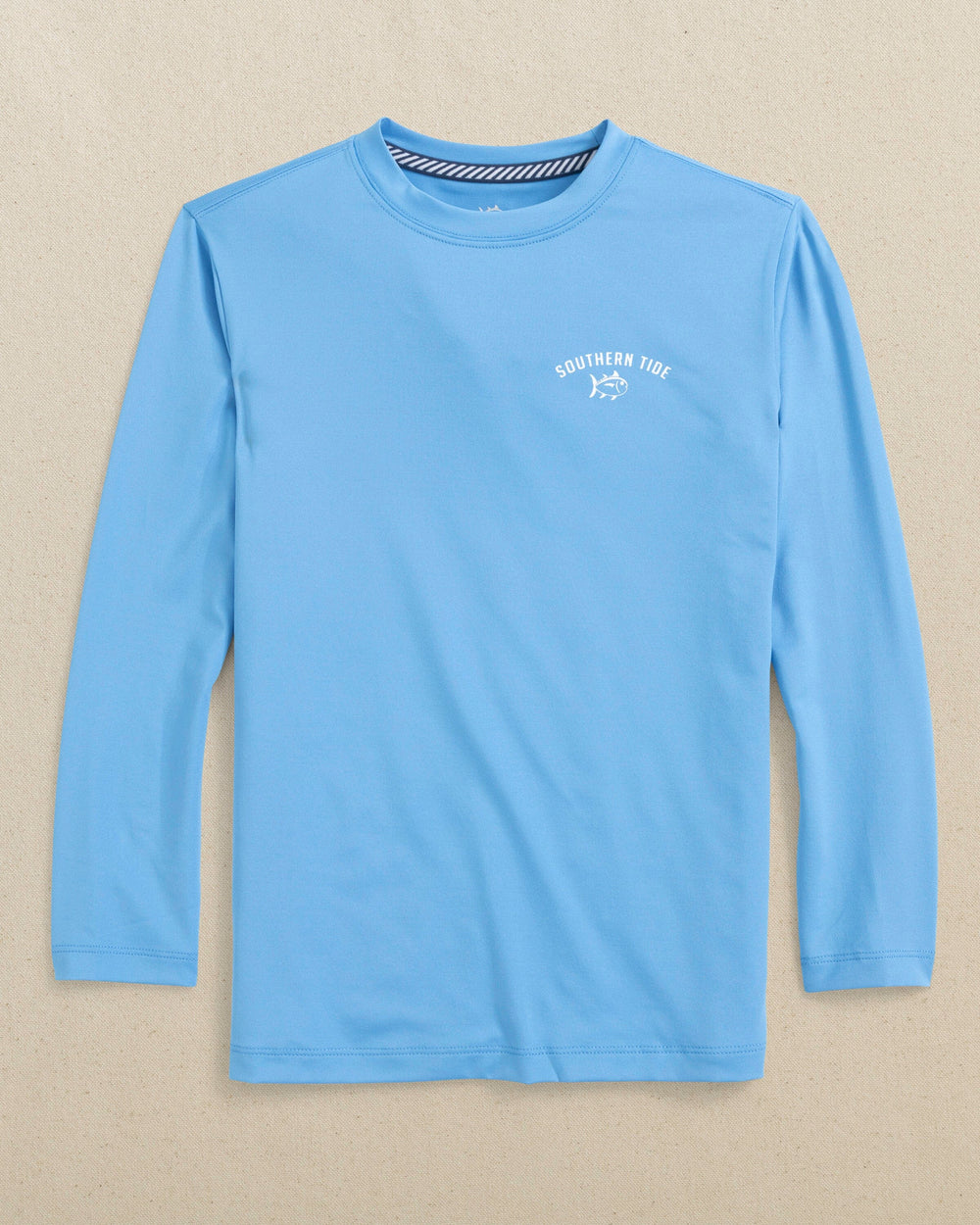 The front view of the Southern Tide Kids Uh Oh Sharks Long Sleeve Performance T-Shirt by Southern Tide - Boat Blue