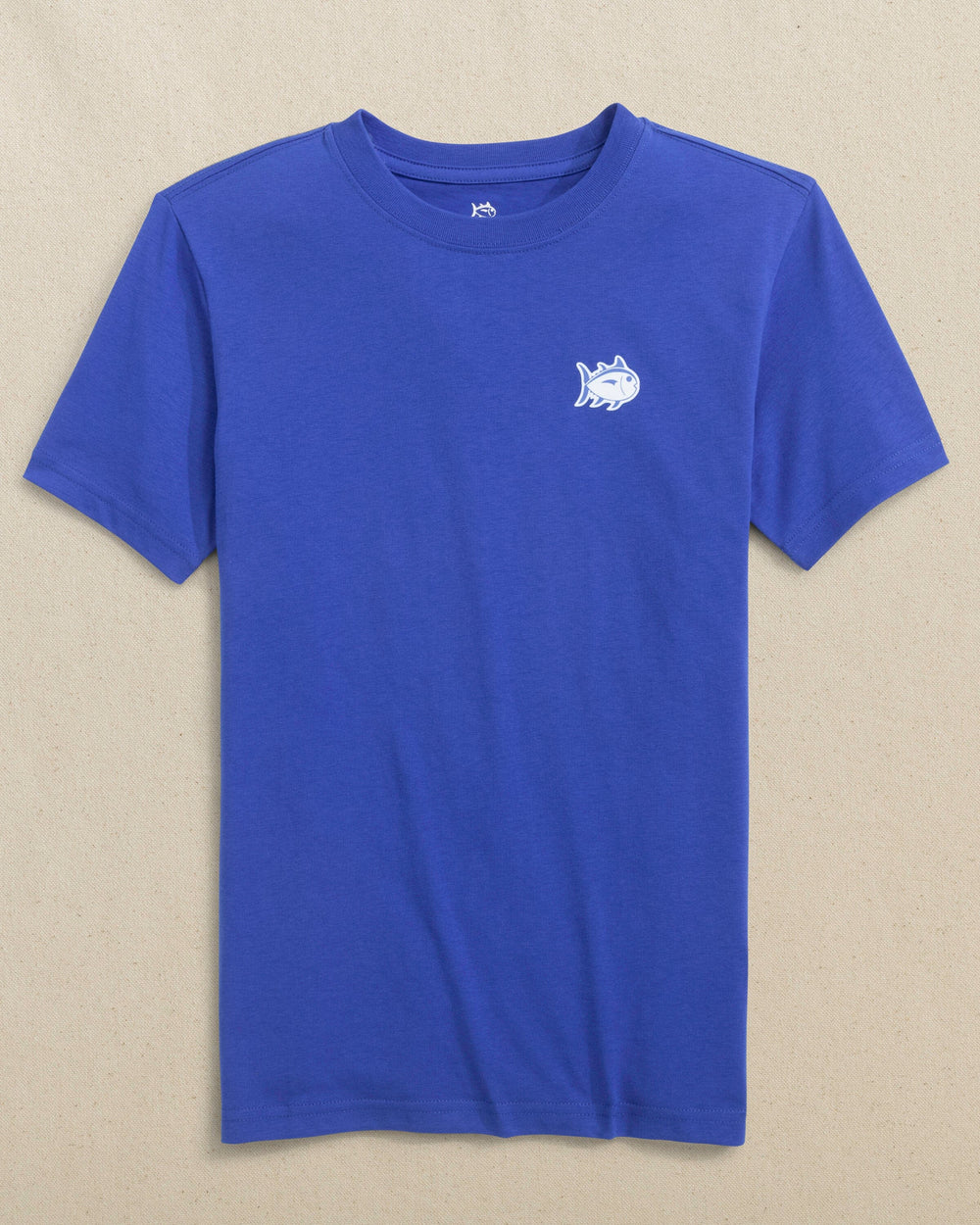 The front view of the Southern Tide Kids Wave Badge Short Sleeve T-Shirt by Southern Tide - Surf Blue