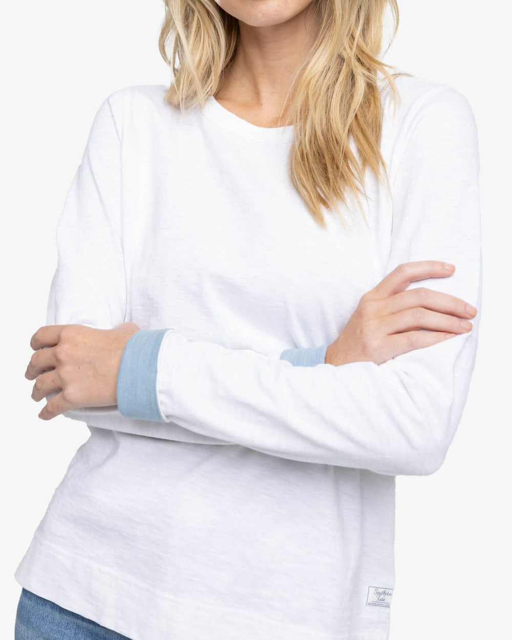 The detail view of the Southern Tide Kimmy Crew Neck Long Sleeve T-Shirt by Southern Tide - Classic White