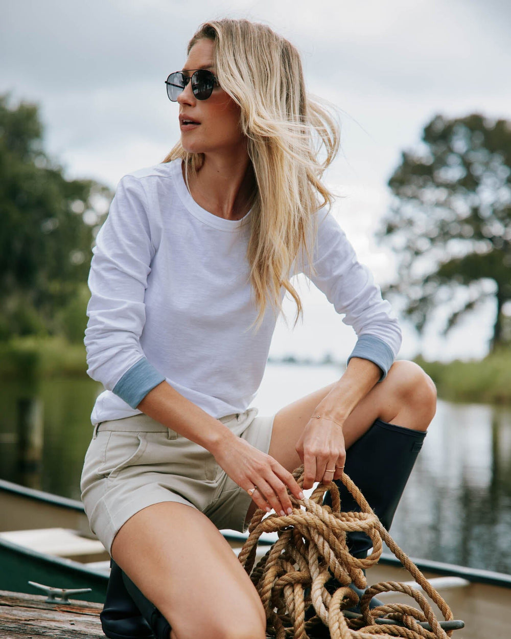 The front view of the Southern Tide Kimmy Crew Neck Long Sleeve T-Shirt by Southern Tide - Classic White