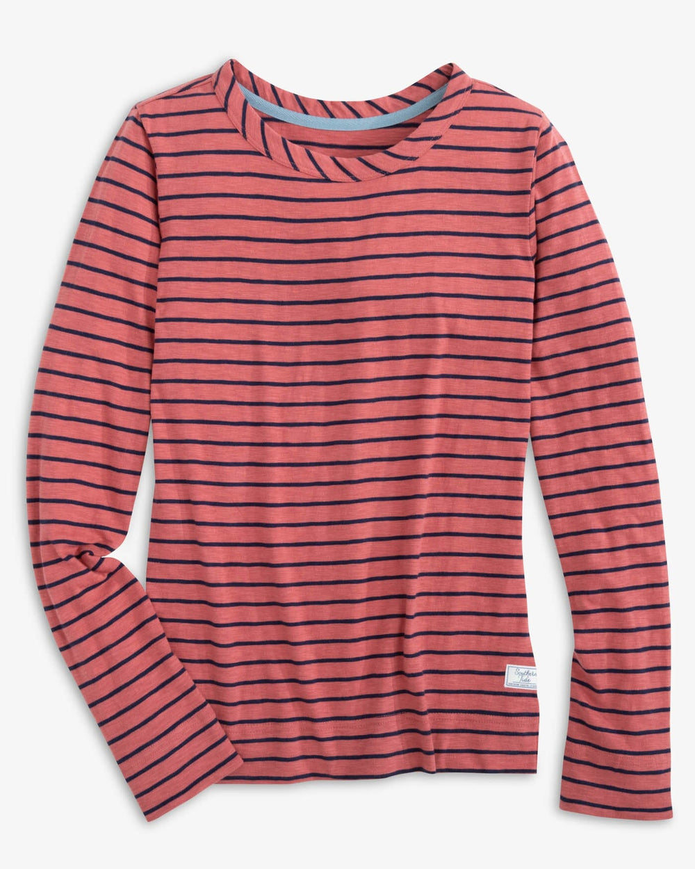 The front view of the Southern Tide Kimmy Stripe Crew Neck Long Sleeve T-Shirt by Southern Tide - Dusty Coral