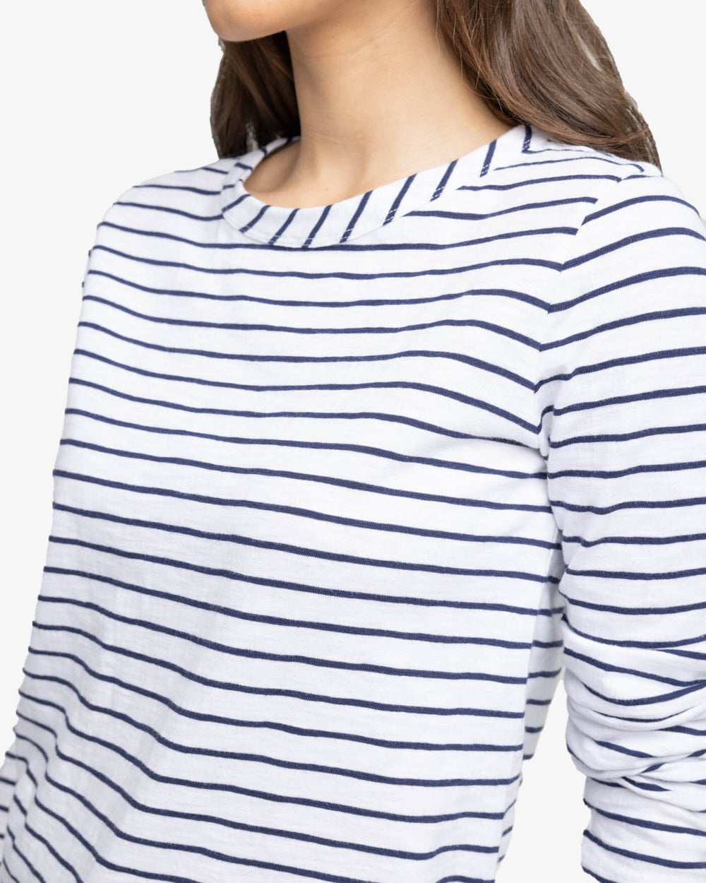 The detail view of the Southern Tide Kimmy Stripe Crew Neck Long Sleeve T-Shirt by Southern Tide - Nautical Navy