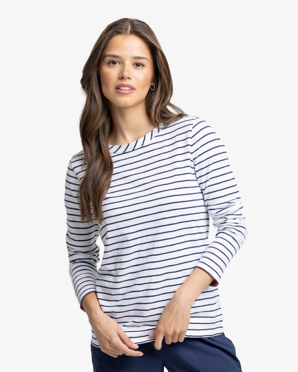 The front view of the Southern Tide Kimmy Stripe Crew Neck Long Sleeve T-Shirt by Southern Tide - Nautical Navy