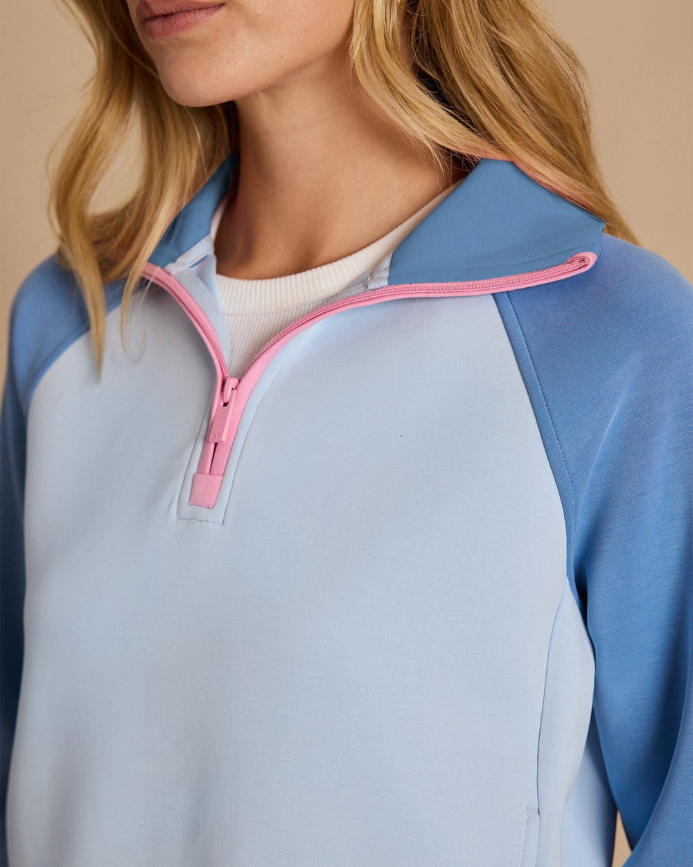 The detail view of the Southern Tide Kira Colorblock Quarter Zip Pullover by Southern Tide - Windsurfer