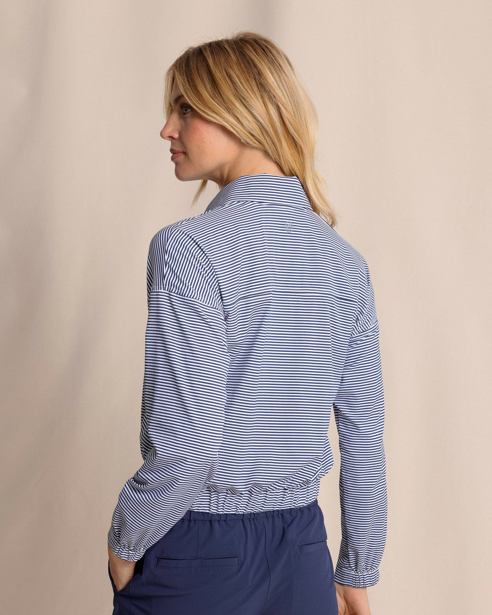 The back view of the Southern Tide Kira Half Zip Stripe Pullover by Southern Tide - Dress Blue