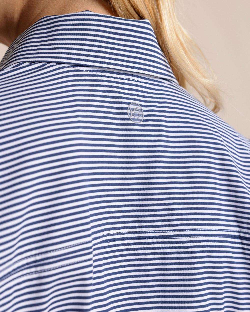 The back detail view of the Southern Tide Kira Half Zip Stripe Pullover by Southern Tide - Dress Blue