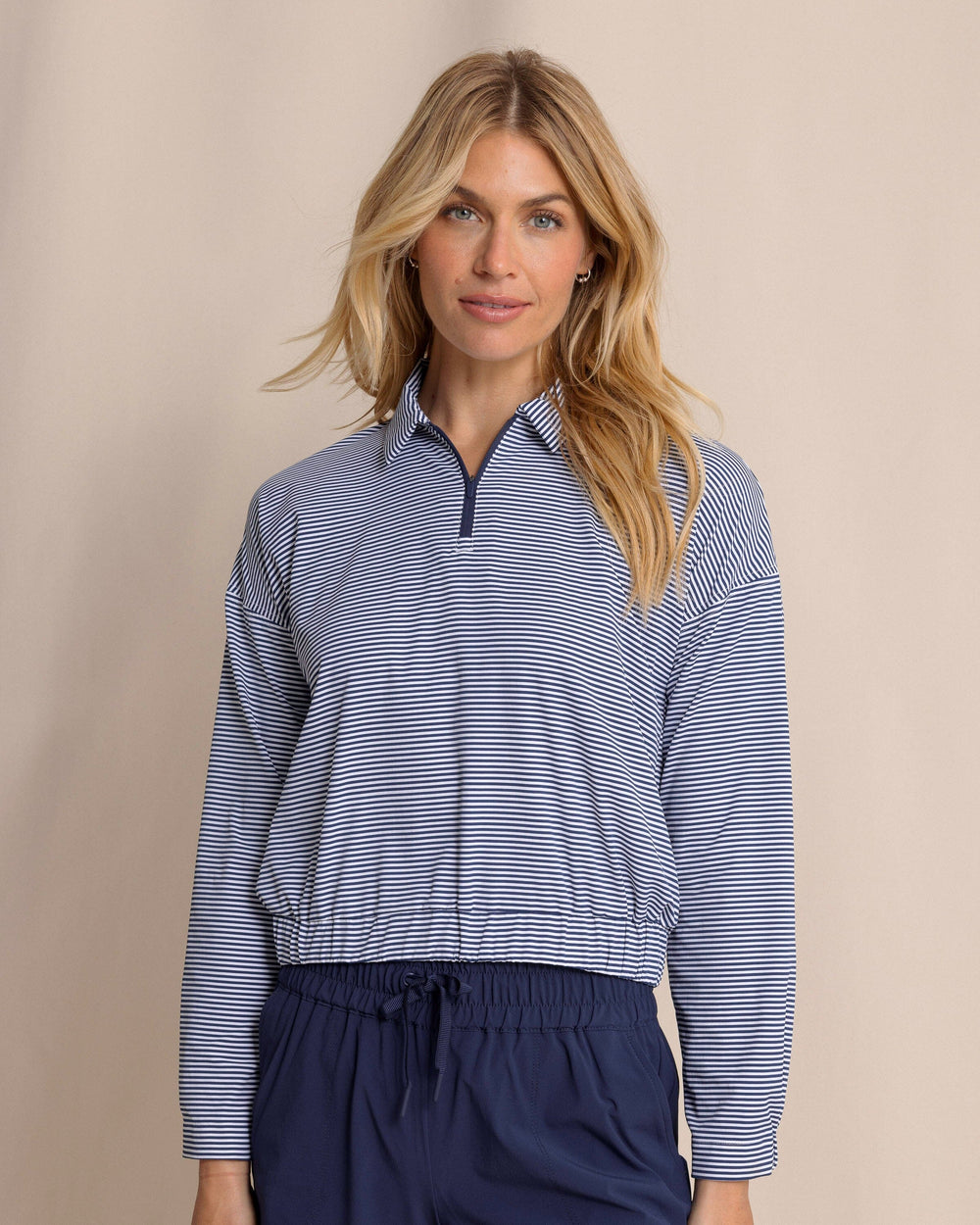 The front view of the Southern Tide Kira Half Zip Stripe Pullover by Southern Tide - Dress Blue