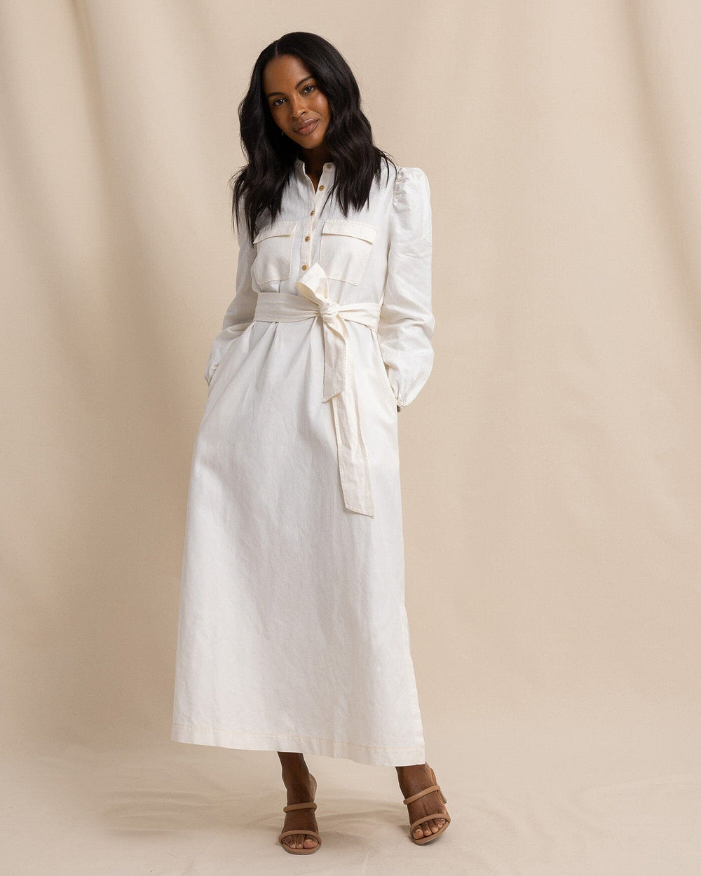 The front view of the Southern Tide Klara Maxi Dress by Southern Tide - Sand White