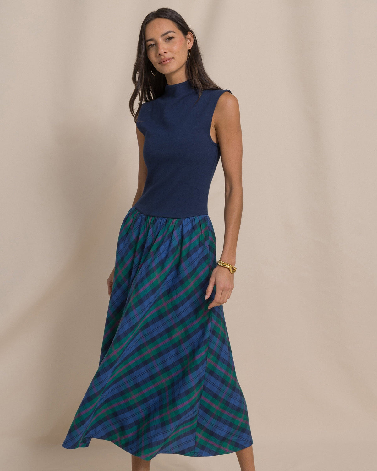 The front view of the Southern Tide Knit to Woven Plaid Party Dress by Southern Tide - Dress Blue