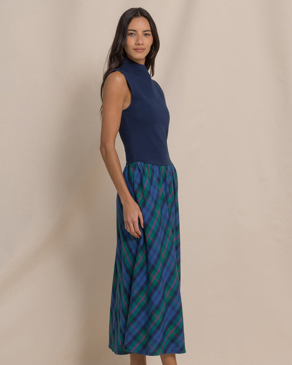 The side view of the Southern Tide Knit to Woven Plaid Party Dress by Southern Tide - Dress Blue