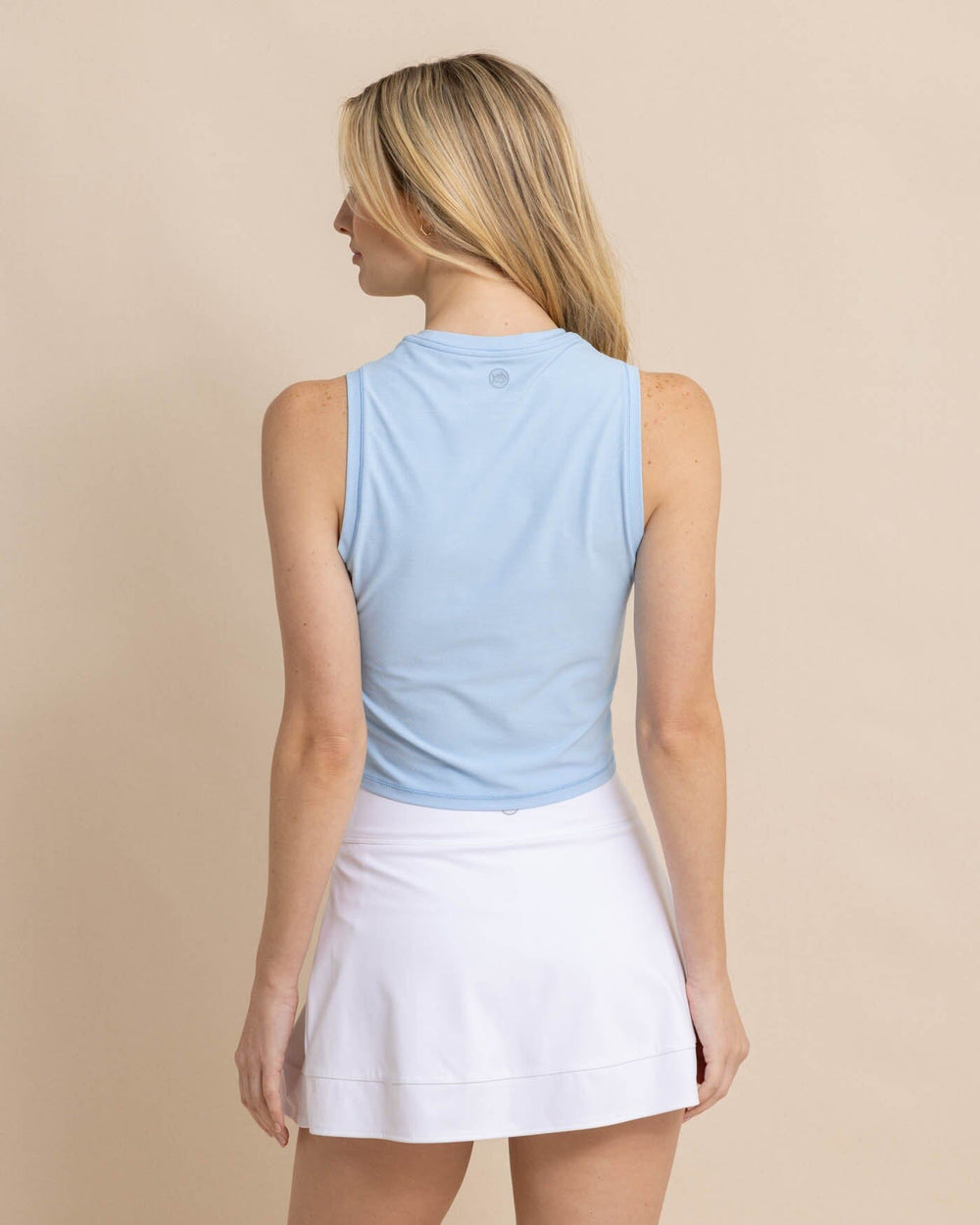 The back view of the Southern Tide Lacy Brrr-illiant Twist Top by Southern Tide - Clearwater Blue