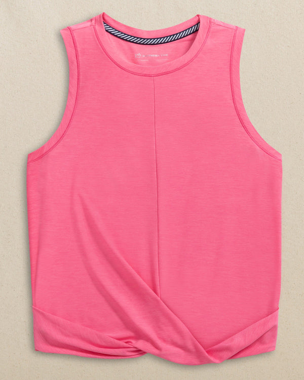 The front view of the Southern Tide Lacy Coastal Breeze® Active Twist Tank by Southern Tide - Island Pink