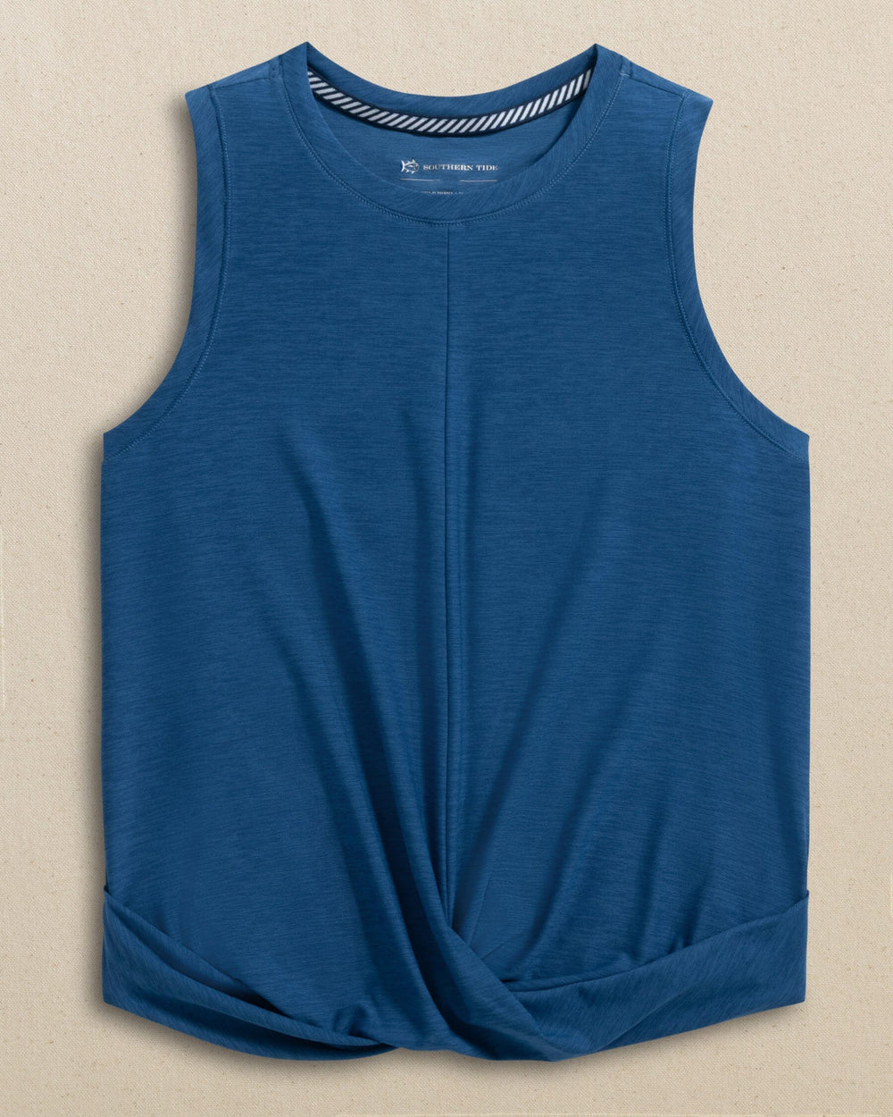 The front view of the Southern Tide Lacy Coastal Breeze® Active Twist Tank by Southern Tide - Nautical Blue