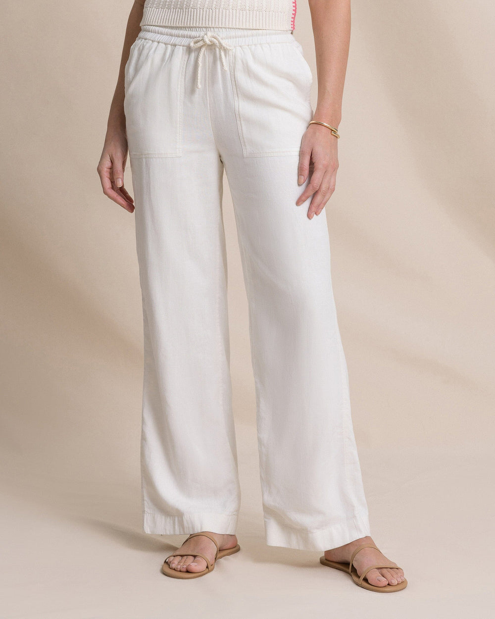 The front view of the Southern Tide Laken Linen Wide Leg Pant by Southern Tide - Sand White