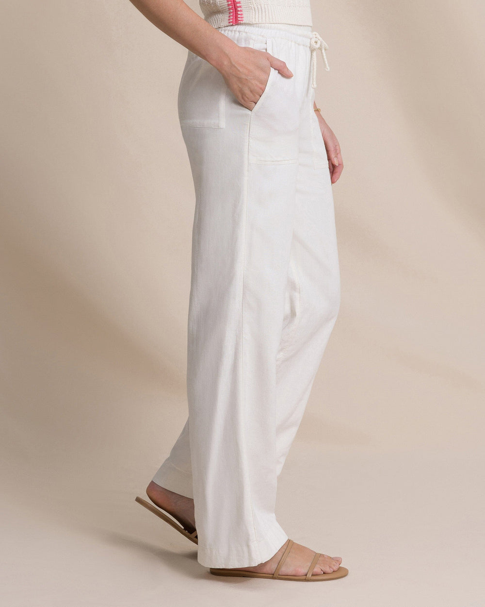 The side view of the Southern Tide Laken Linen Wide Leg Pant by Southern Tide - Sand White