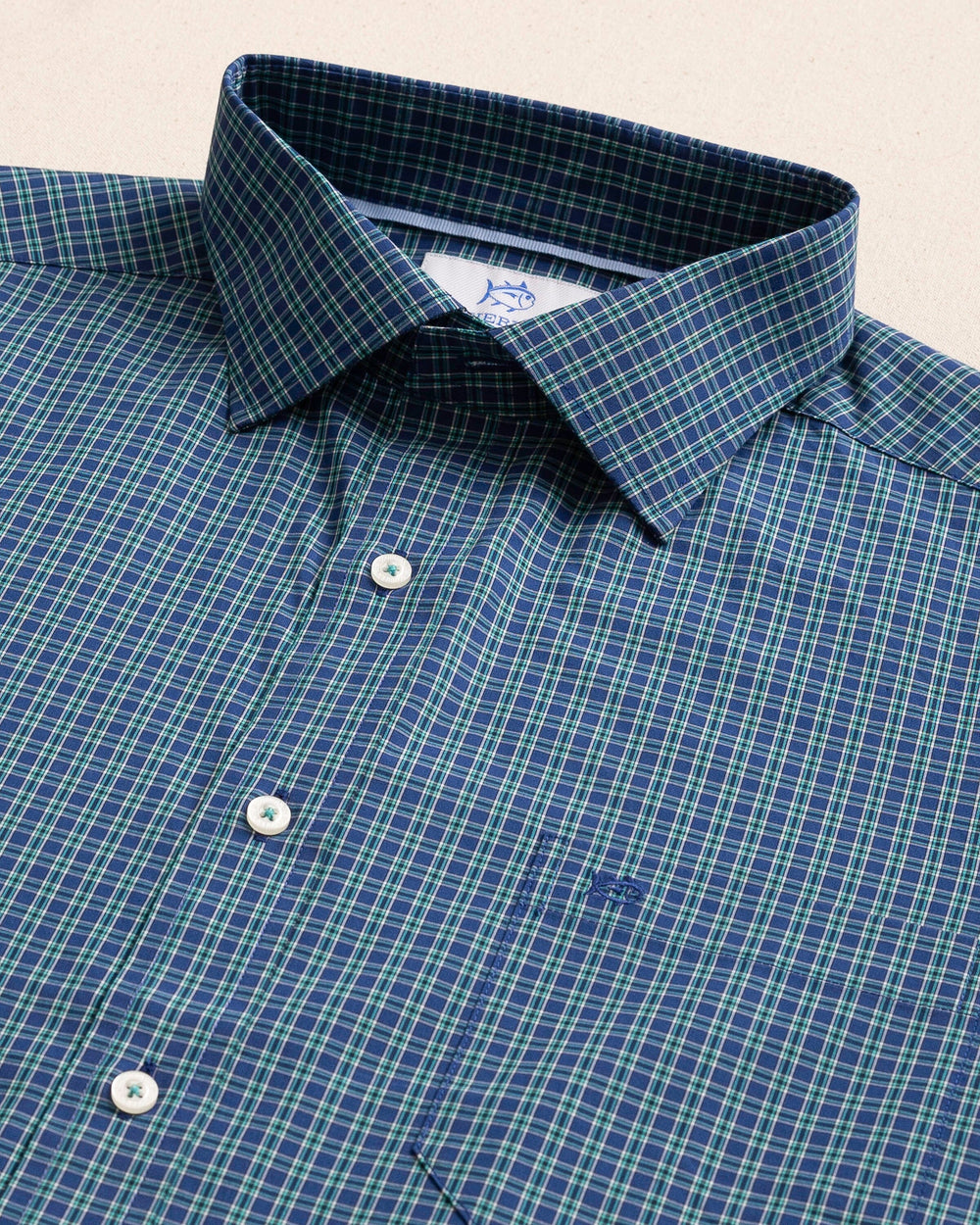 The detail view of the Southern Tide Lanier Plaid Charleston Sport Shirt by Southern Tide - Nautical Blue