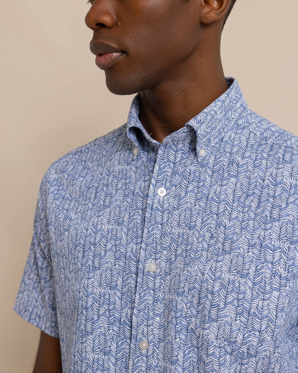 The detail view of the Southern Tide Leagally Frond Intercoastal Short Sleeve Sport Shirt by Southern Tide - Eternal Blue
