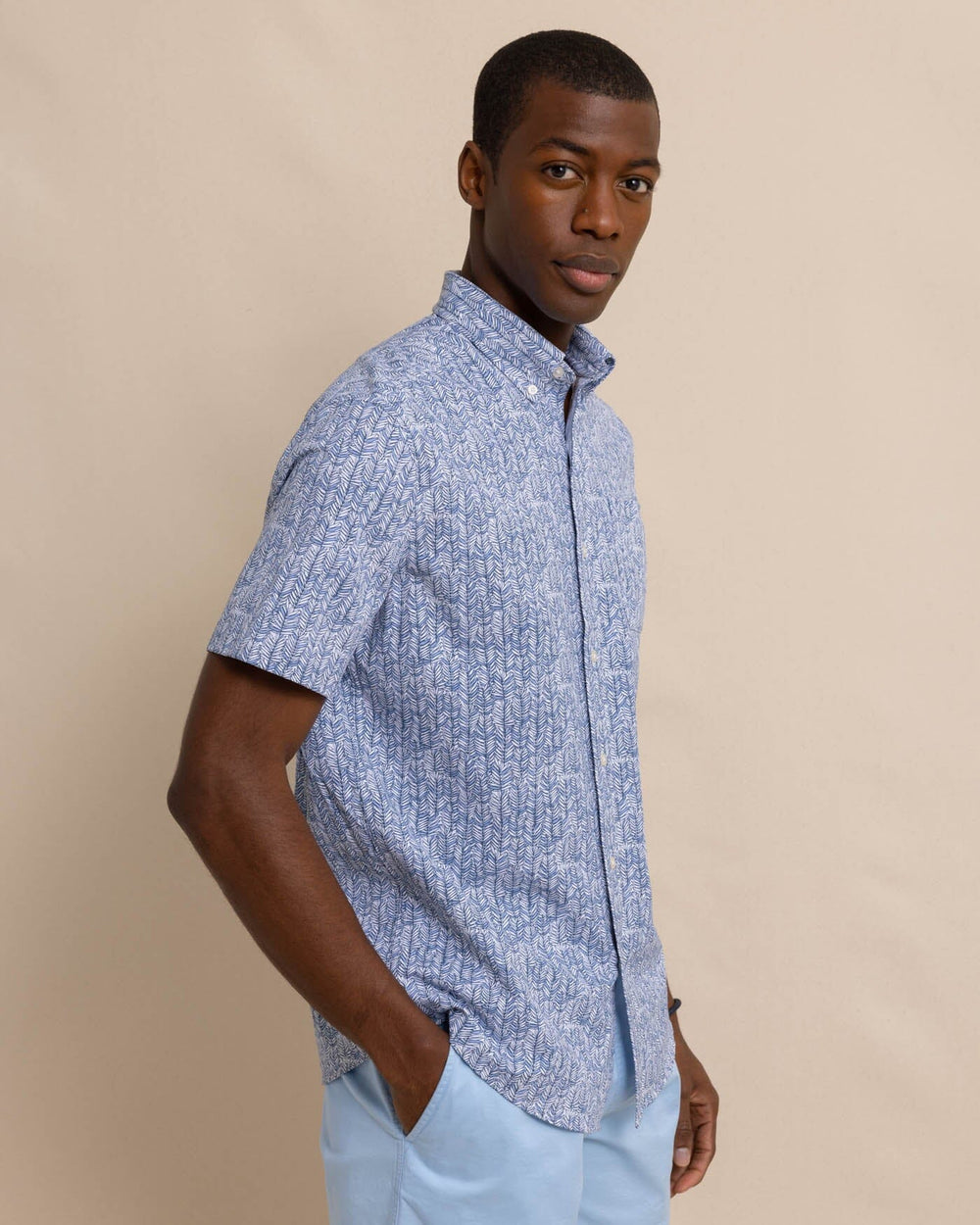 The front view of the Southern Tide Leagally Frond Intercoastal Short Sleeve Sport Shirt by Southern Tide - Eternal Blue