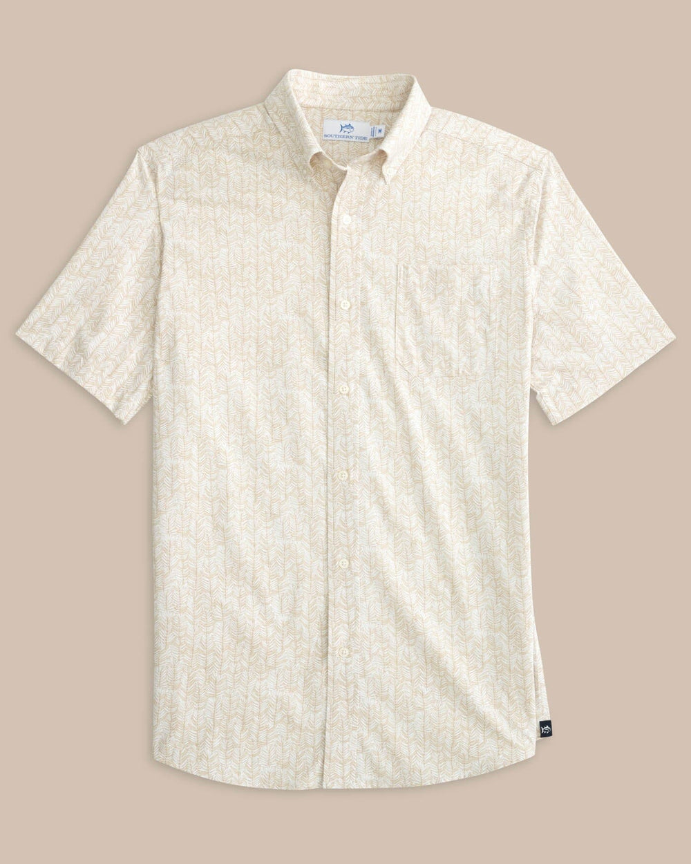 The front view of the Southern Tide Leagally Frond Intercoastal Short Sleeve Sport Shirt by Southern Tide - Whitecap Khaki