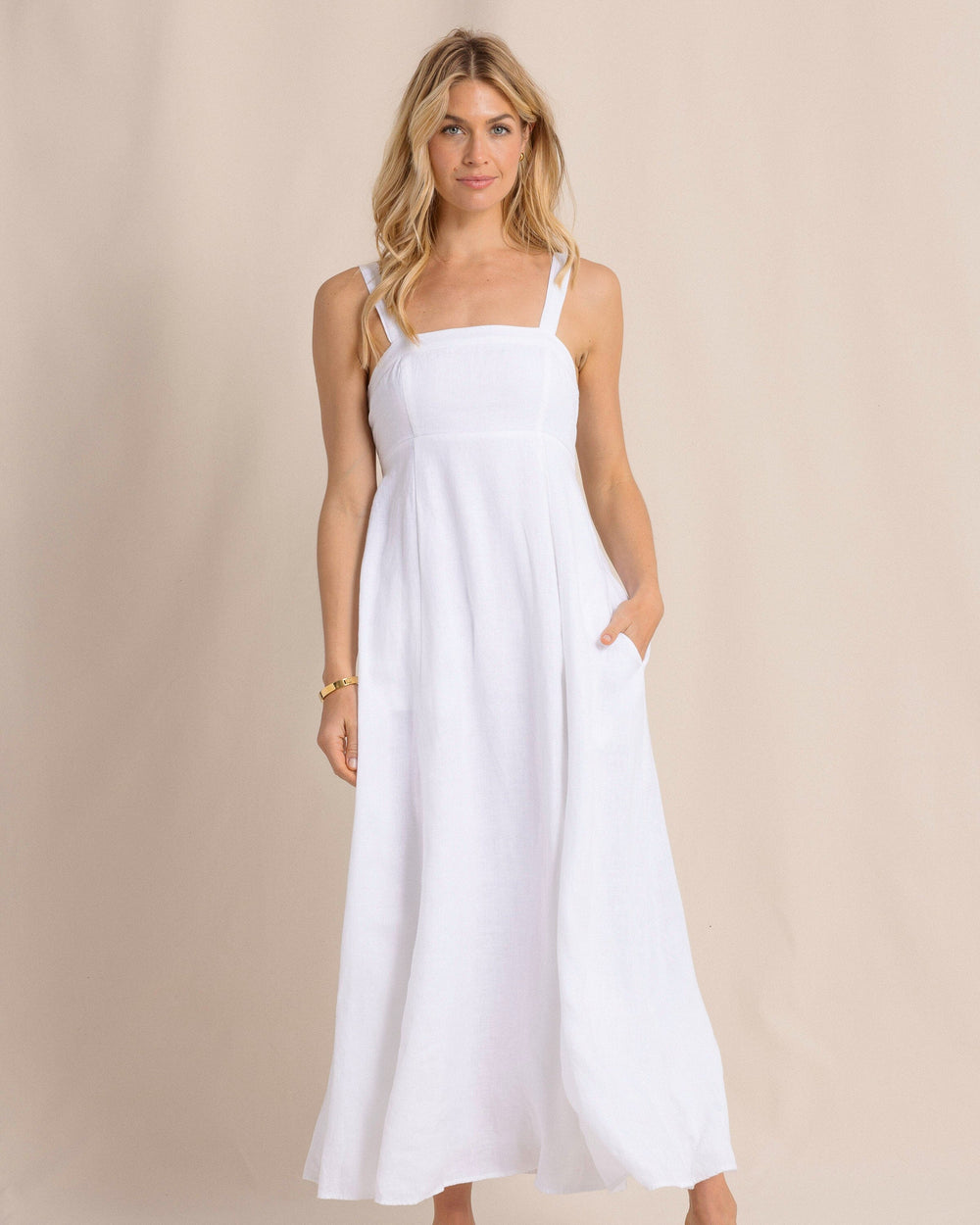 The front view of the Southern Tide Leighton Linen Tie Back Maxi Dress by Southern Tide - Classic White