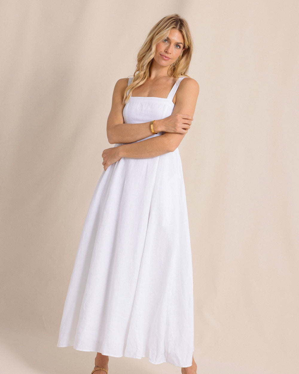 The front side view of the Southern Tide Leighton Linen Tie Back Maxi Dress by Southern Tide - Classic White