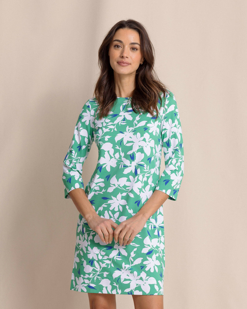 The front view of the Southern Tide Leira Blossom Bay Printed Dress by Southern Tide - Simply Green