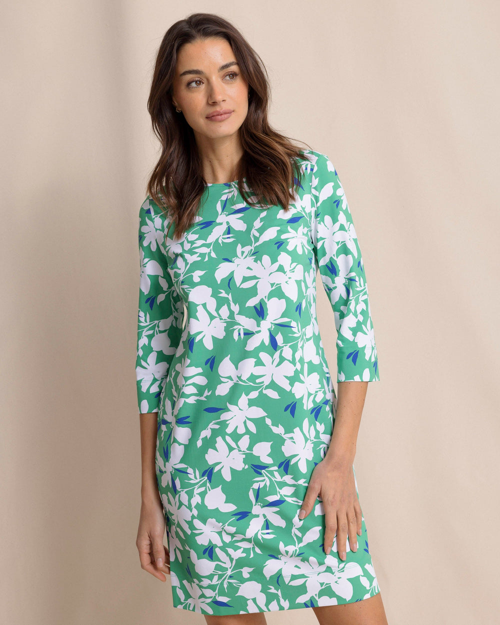 The front view of the Southern Tide Leira Blossom Bay Printed Dress by Southern Tide - Simply Green