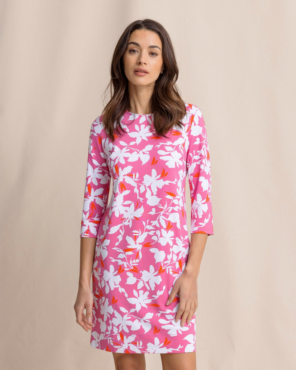 The front view of the Southern Tide Leira Blossom Bay Printed Dress by Southern Tide - Very Berry