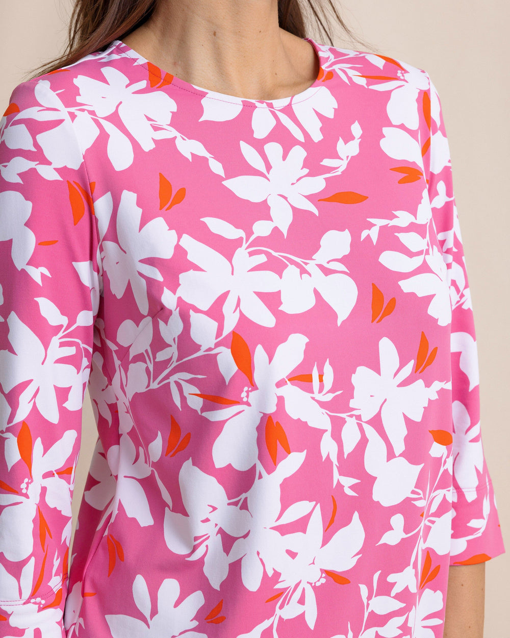 The front detail view of the Southern Tide Leira Blossom Bay Printed Dress by Southern Tide - Very Berry