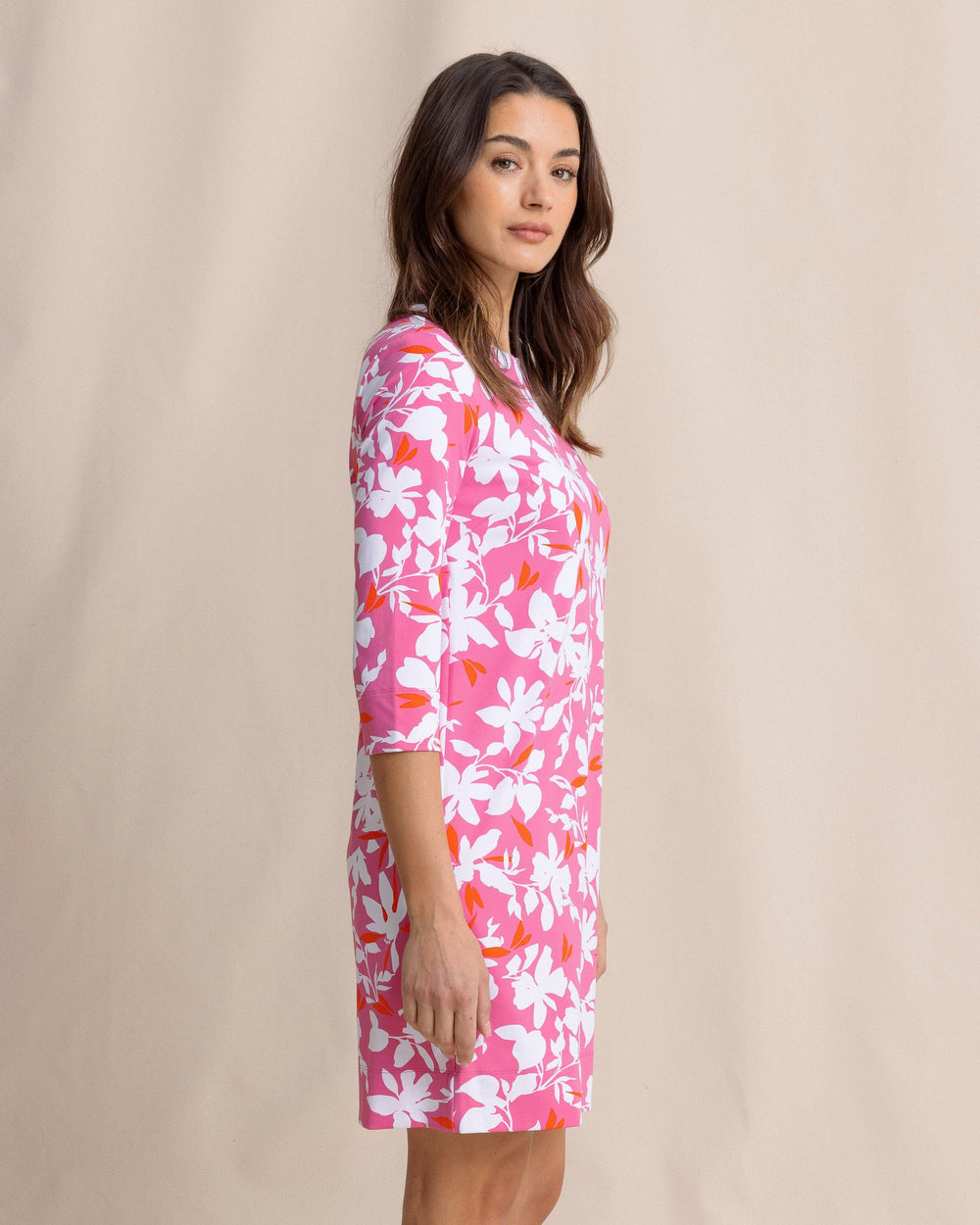 The side view of the Southern Tide Leira Blossom Bay Printed Dress by Southern Tide - Very Berry