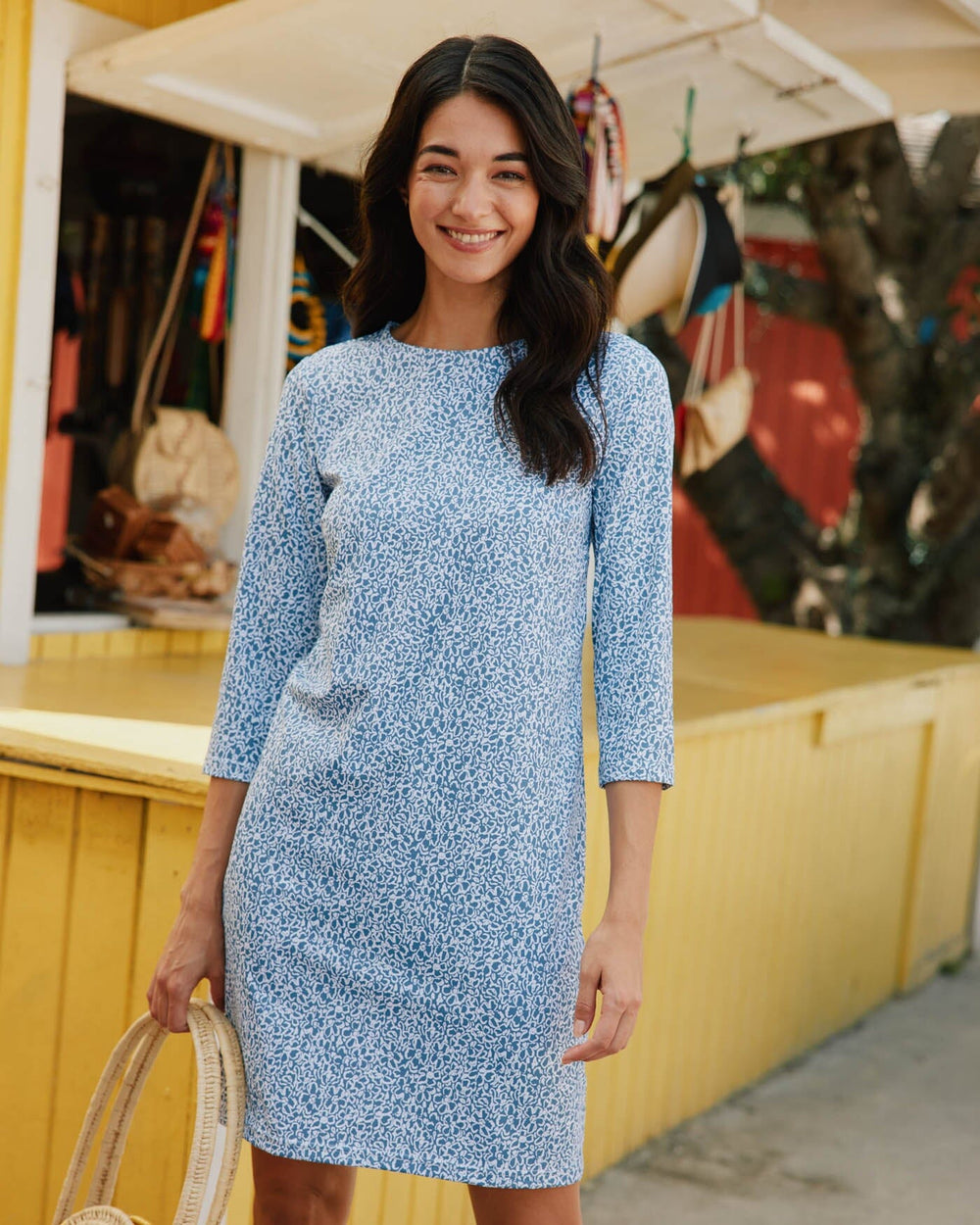 The front view of the Southern Tide Leira That Floral Feeling Print Performance Dress by Southern Tide - Coronet Blue