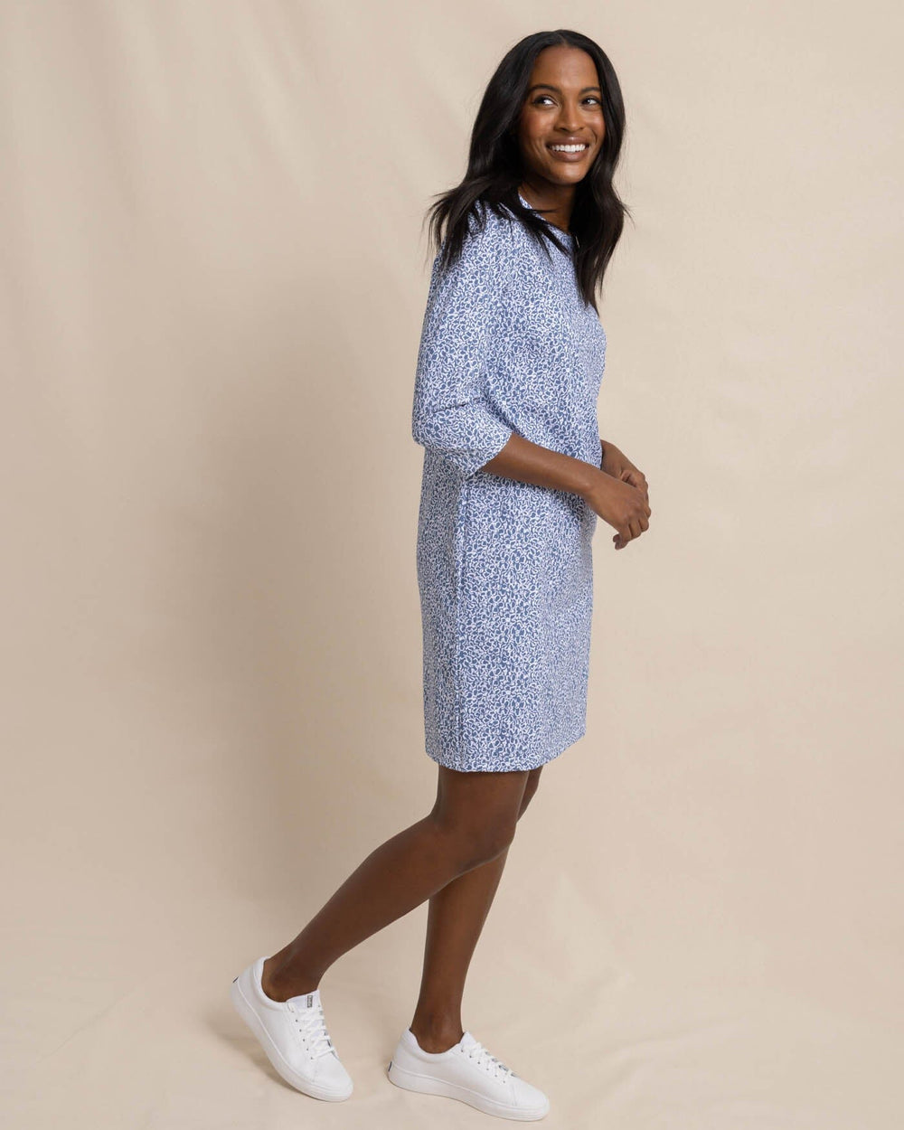 The side view of the Southern Tide Leira That Floral Feeling Print Performance Dress by Southern Tide - Coronet Blue