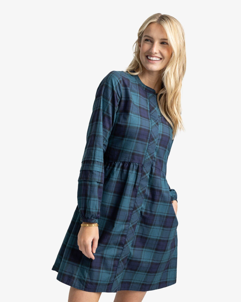The front 1 view of the Southern Tide Lendy Plaid Dress by Southern Tide - Georgian Bay Green