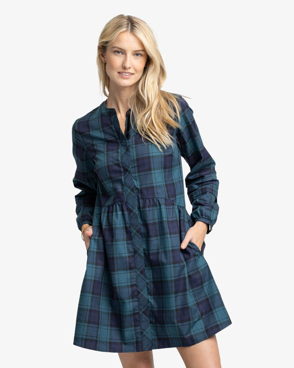 The front view of the Southern Tide Lendy Plaid Dress by Southern Tide - Georgian Bay Green