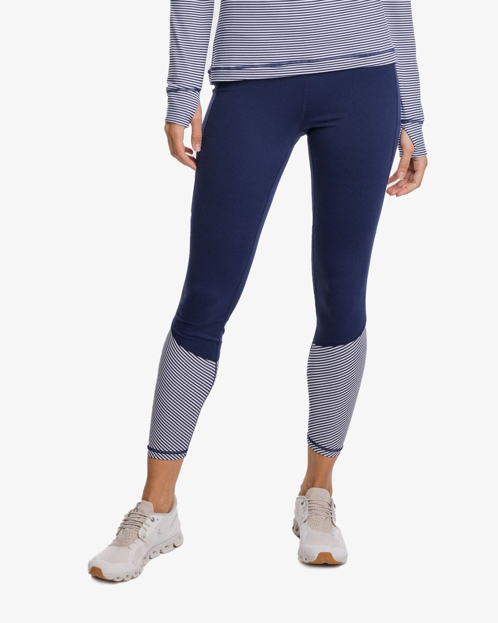 The front Studio view of the Southern Tide Lexi Colorblock High Waisted Legging by Southern Tide - Nautical Navy