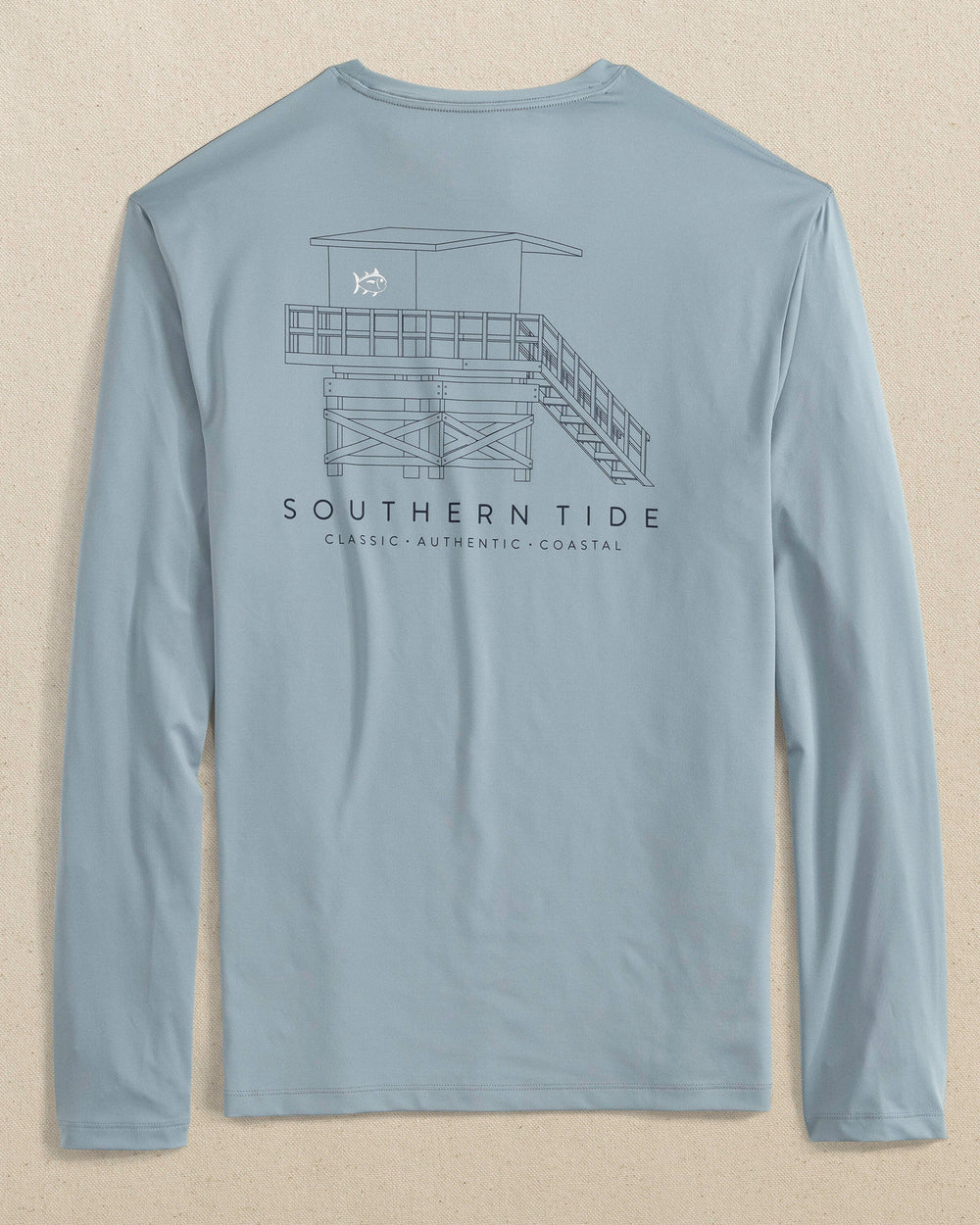 The back view of the Southern Tide Lifeguard Tower Long Sleeve Performance T-Shirt by Southern Tide - Tsunami Grey