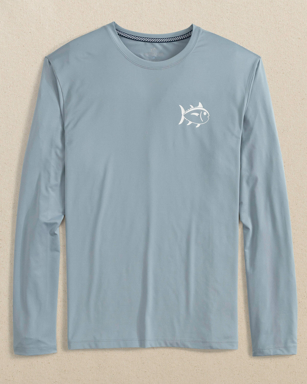 The front view of the Southern Tide Lifeguard Tower Long Sleeve Performance T-Shirt by Southern Tide - Tsunami Grey