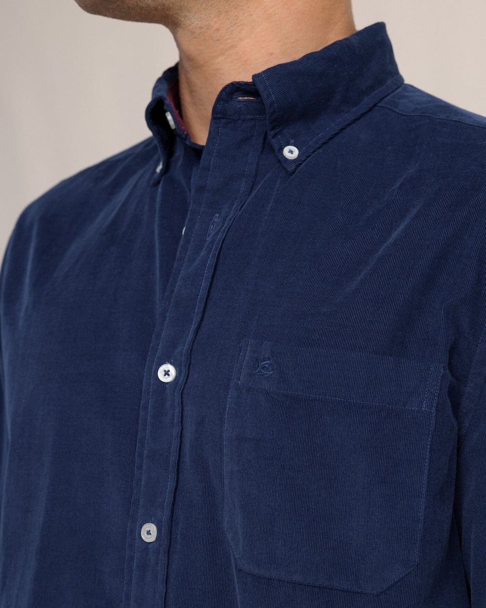 The detail view of the Southern Tide Lightweight Bedford Cord Long Sleeve Sport Shirt by Southern Tide - Dress Blue