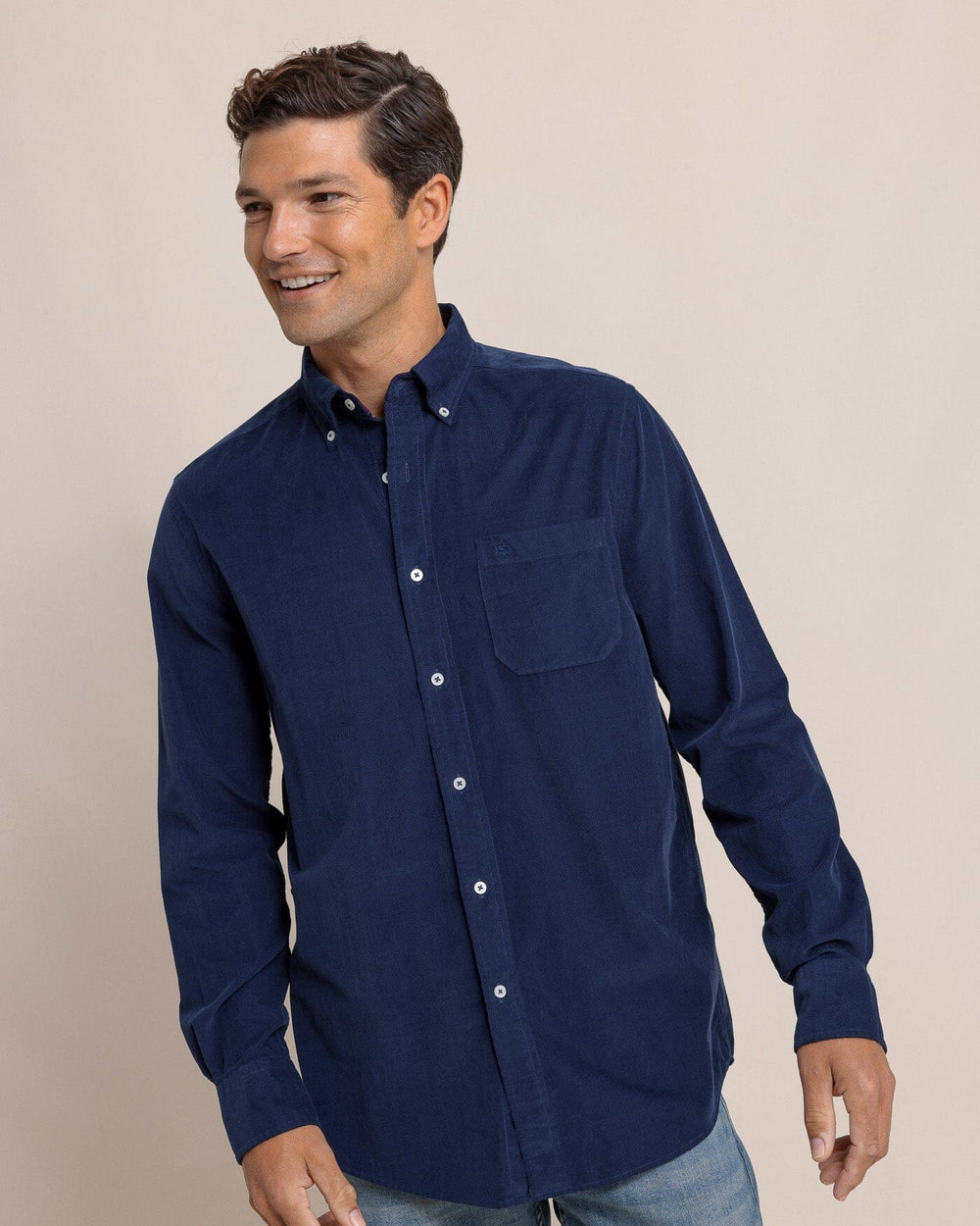 The front view of the Southern Tide Lightweight Bedford Cord Long Sleeve Sport Shirt by Southern Tide - Dress Blue