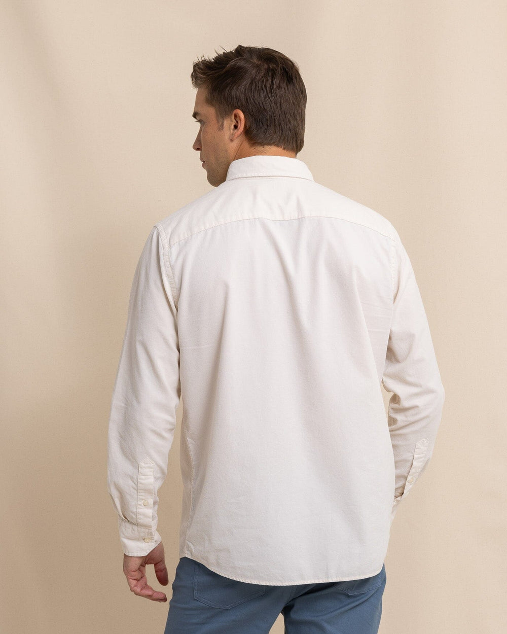 The back view of the Southern Tide Lightweight Bedford Cord Long Sleeve Sport Shirt by Southern Tide - Oatmeal